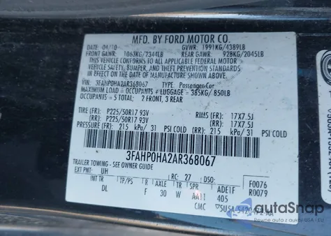 2010 Ford Fusion Se из США, поврежденный, VIN 3FAHP0HA2AR368067